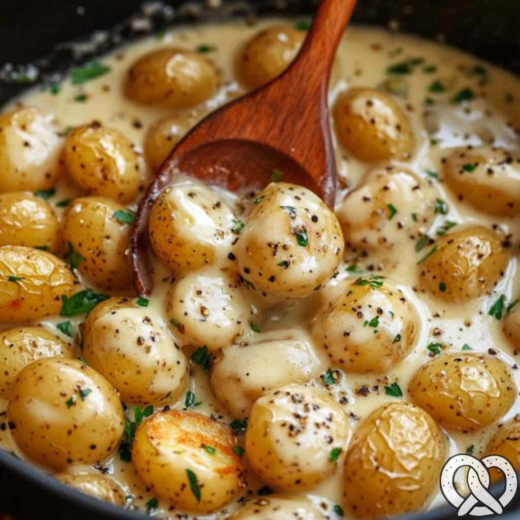 Cremige Knoblauchsauce mit kleinen Kartoffeln